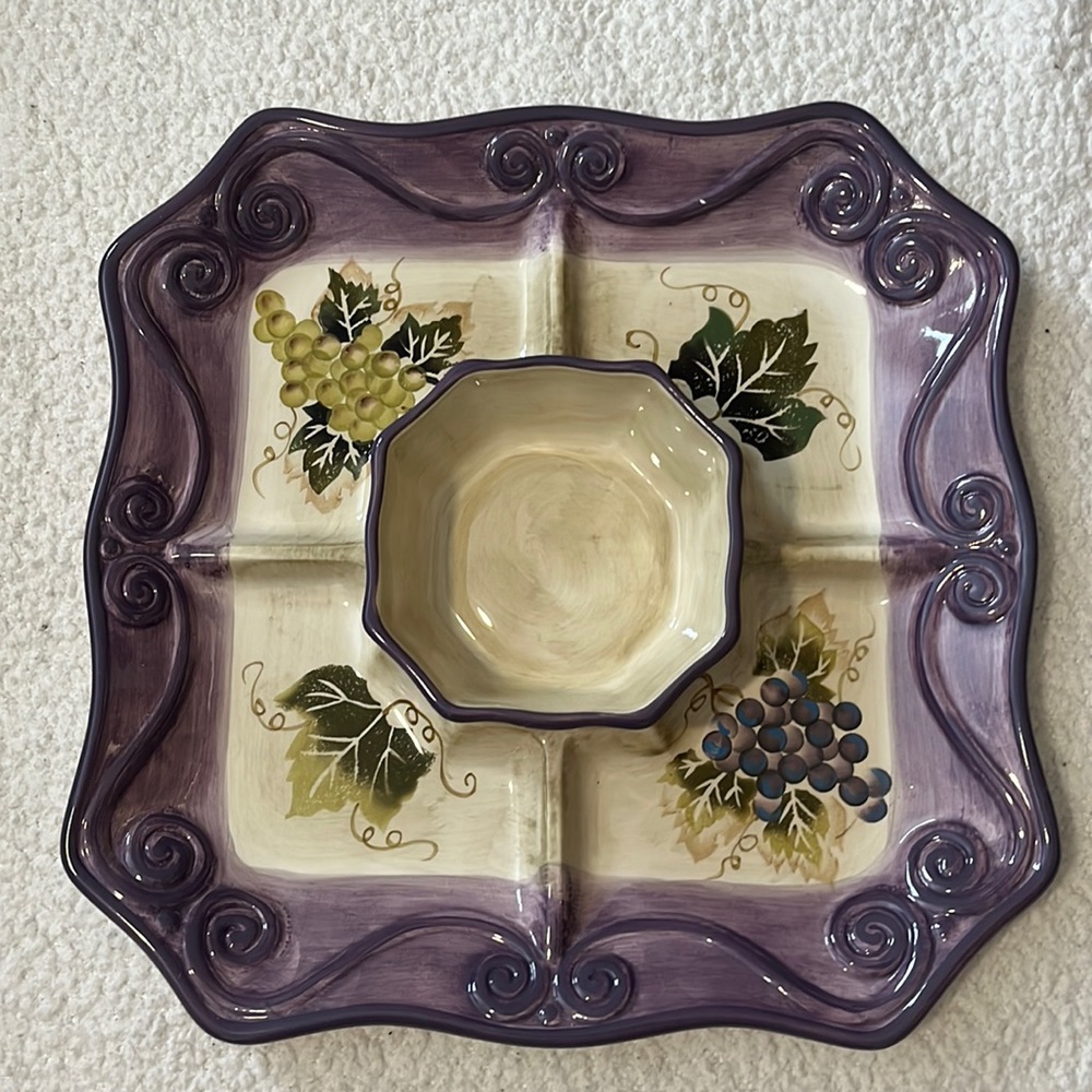 Merlot serving plate with bowl. Still has stickers on it. Shown in picture.